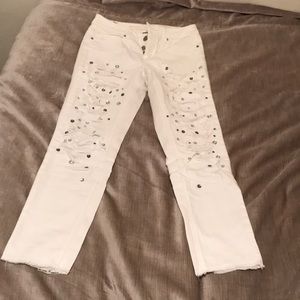 Ae white tomgirl jeans with rips and jewels